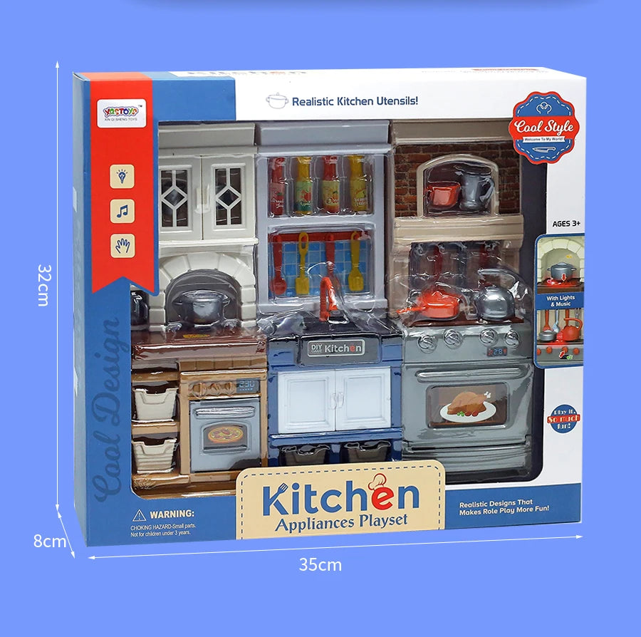 DIY Kid Play House Simulation Kitchen Pretend Toys Kitchenware Lighting and Sounds Cooking Game Set Children Fun Educational Toy.