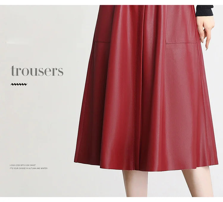S-5XL New Women Plus Size Leather Skirt Spring Autumn Fashion Stretch Waist A-Line Loose Long Skirt Split Leather Sheepskin.