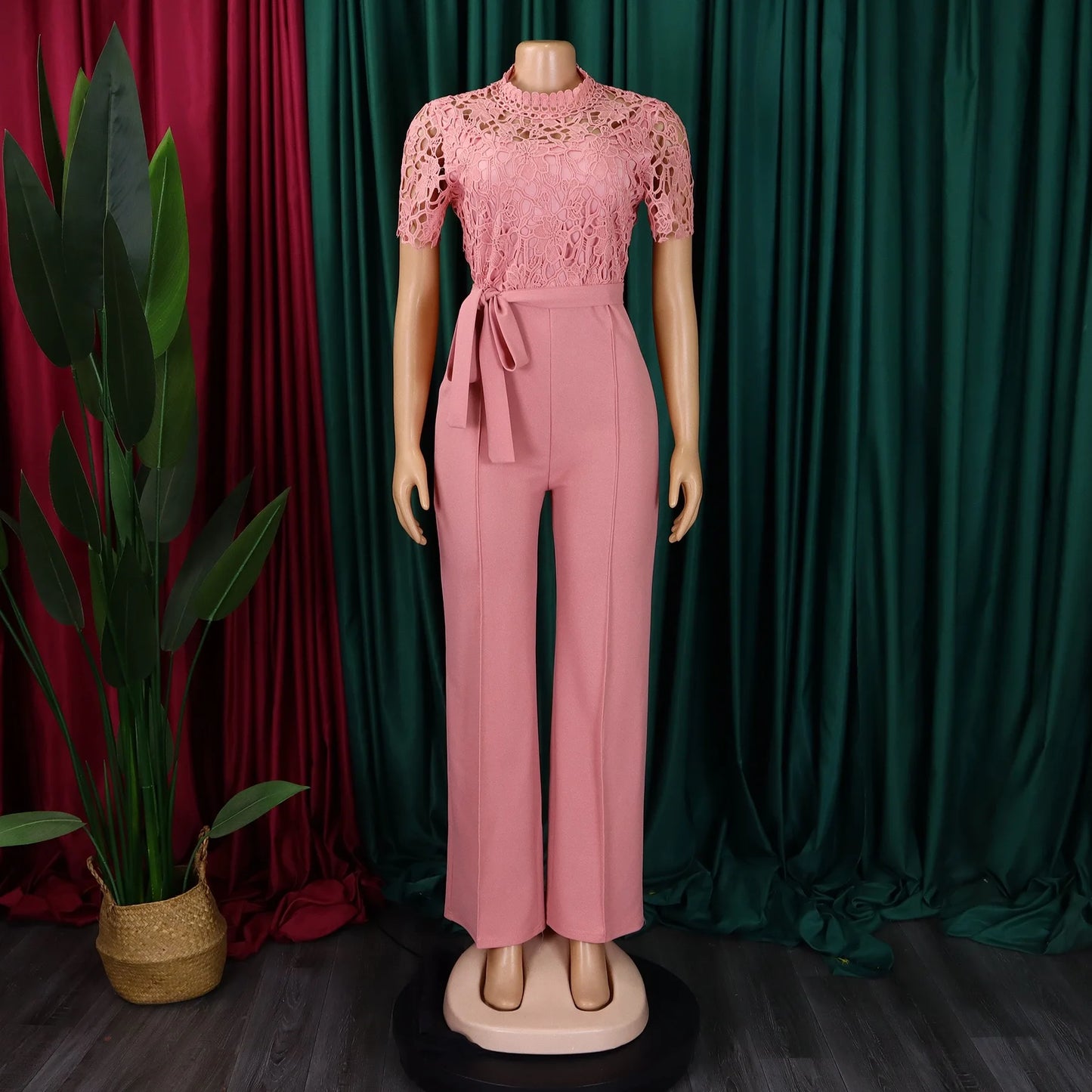 Elegant Jumpsuits & Rompers for Women O Neck Lace Patchwork Short Sleeve Sashes High Waisted Luxury Birthday Party Dinner Outfit.