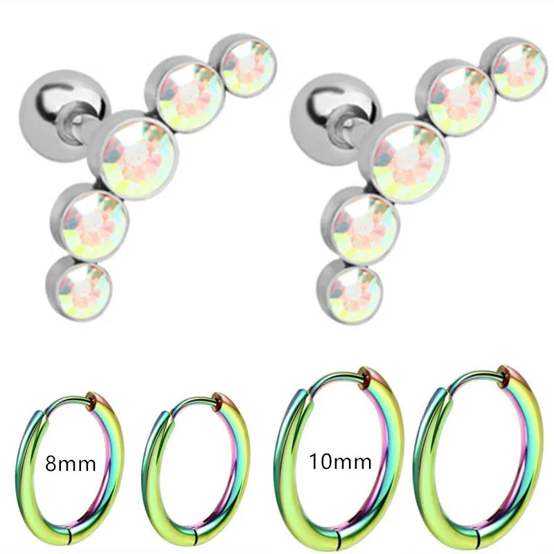 Cyrstal Tragus Stud Earrings Set Cluster Helix Piercing Stud Bulk Cartilage Huggie Earring Hoops Ear Lobe Hoops Circle Jewelry