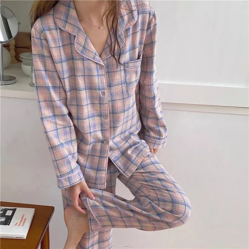 Pajamas Female Autumn and Winter Long-Sleeved Sweet Homewear Two-Piece Tide Cardigan Lapel Plaid Homewear 1.