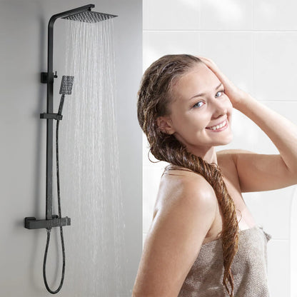 8 Inch Thermostatic Shower Set All Copper, Anti-Scald 38°C with Overhead & Handheld Sprayer, Adjustable Height for Bathroom