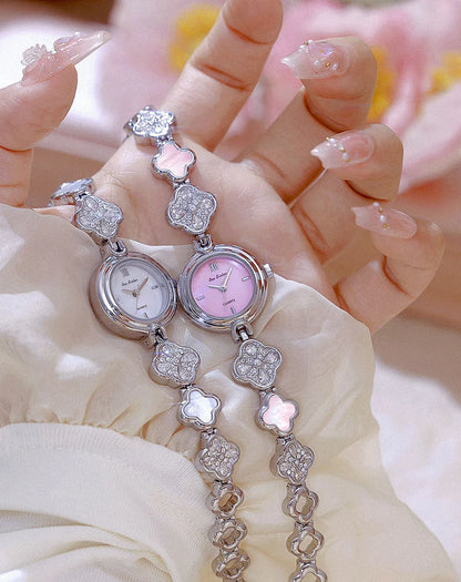 Women's Watch Lucky Four-Leaf Clover Bracelet Elegant Crystal Dress Watches for Women Fashion Luxury Small Quartz Ladies Clock.