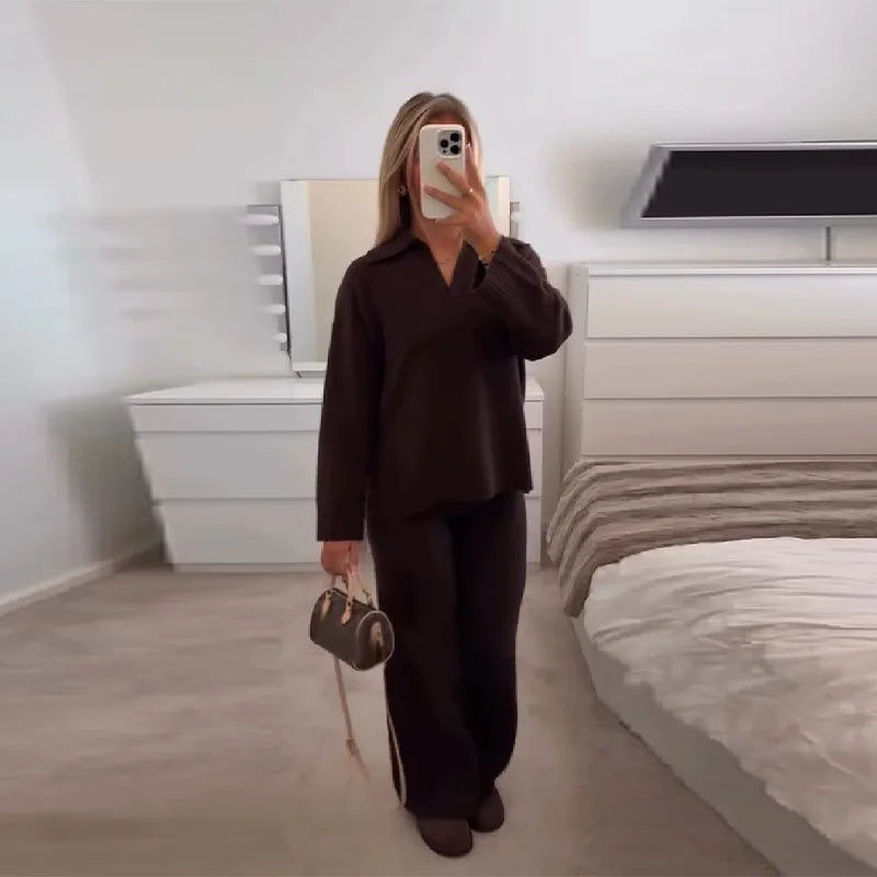 Casual Simple Loose Sweater Trousers Set Solid Color Retro Versatile Comfortable Streetwear Top Pants Commuting Women's Outfit.