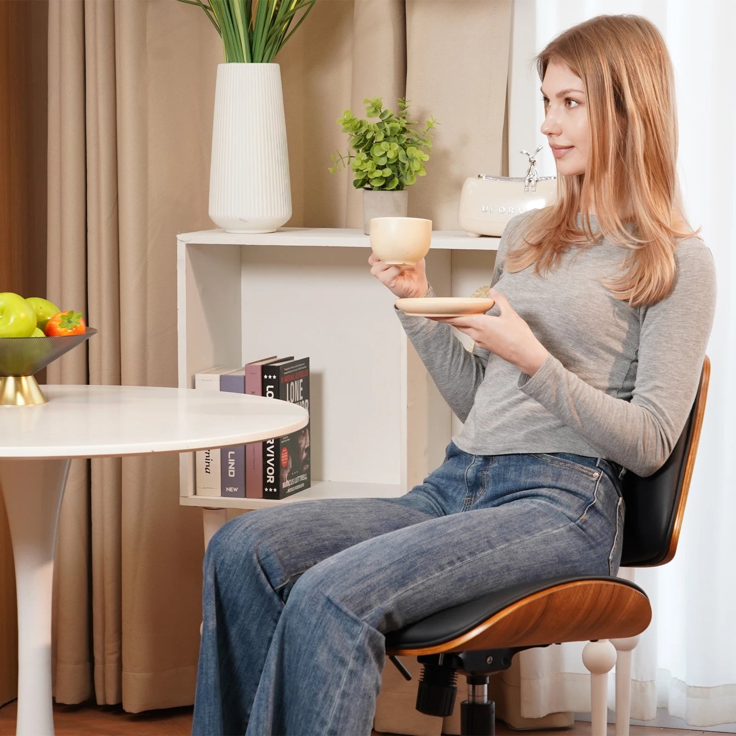 Durrafy Bürostuhl ohne Armlehnen, moderner Walnussstuhl, Schreibtischstuhl mit Leder, höhenverstellbar, kleiner Stuhl, PU-Leder, Uphol