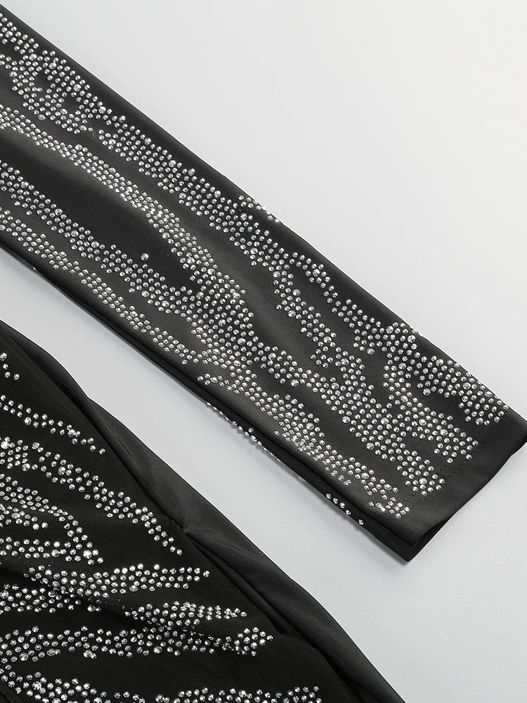 Sexy Deep V Neck Sparkly Diamonds Design Jumpsuit Women Long Sleeve Draped Wide Leg Jumpsuit Elegant Evening Club Costume Runway