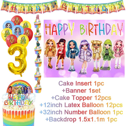 Cartoon Regenbogen Puppe High School Thema Hintergrund Geburtstag Party Dekoration Lieferungen Einweg Tasse Besteck Ballon Baby Geschenk