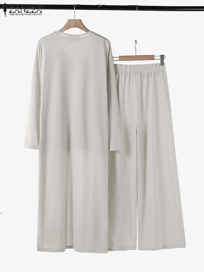 Women Autumn Tracksuits 3pcs Pant Sets ZANZEA Fashion Casual 3-Pieces Sets Solid Tank Tops and Cardigans Wide Leg Trousers Suit.