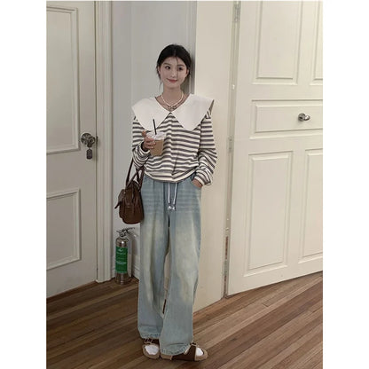 Oversized New Women Clothing Korean Patchwork Peter Pan Collar Sweatshirts Female Casual Striped Long Sleeve Loose T-Shirts Tops.