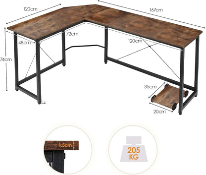 L-förmiger Schreibtisch, Computer-Eckschreibtisch, PC-Gaming-Schreibtisch, Tisch, Büro, Arbeitsplatz, 167 x 120 x 75 cm