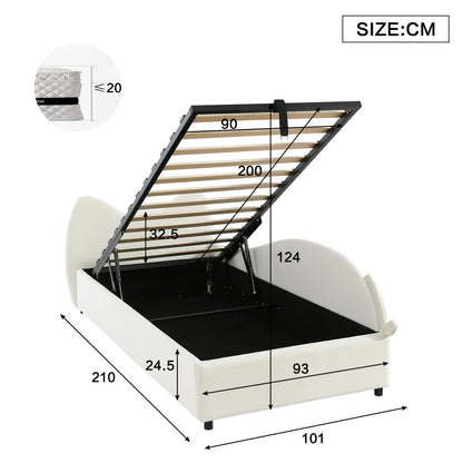 Polsterbett, Einzelbett, süßes Katzendesign, hydraulisches Bett mit Stauraum und Gürtelgriffen, stabiler Gitterrost, 90 x 200 cm