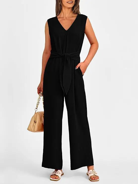 Summer High Waist Lace-up Jumpsuits Women 2025 New Sleeveless V-neck Side Pocket Solid Casual Jumpsuit Office Ladies Rompers