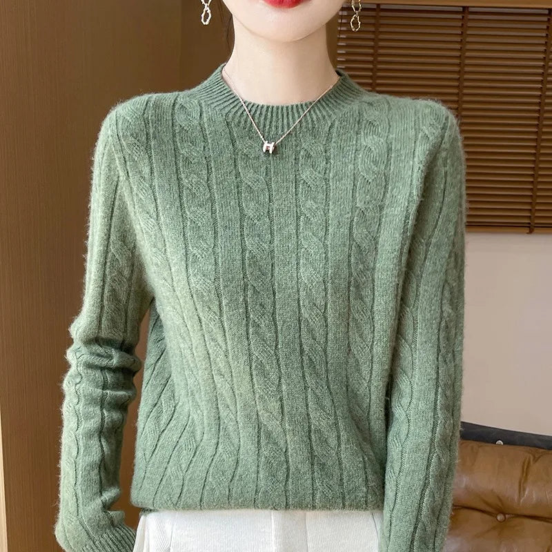 Frauen 100% Merino Wolle Verdickung Pullover Oansatz Gestrickte Twisted Pullover Herbst Winter Kaschmir Langarm Kleidung Basis Tops