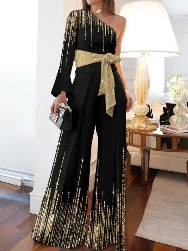 Womens Rompers Wide-leg Pants Off Shoulder Printed Casual Loose Printed Trousers Jumpsuit Women One Piece.