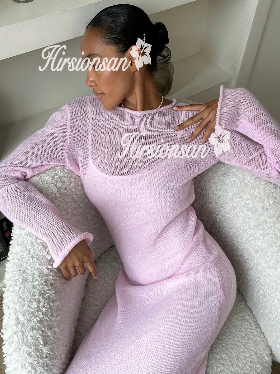 Hirsionsan Frühling Herbst Oansatz Elastische Stricken Lange Kleider Frauen 2024 Elegante Chic Weiche Dame Aushöhlung Pullover Kleider Femme Neue.
