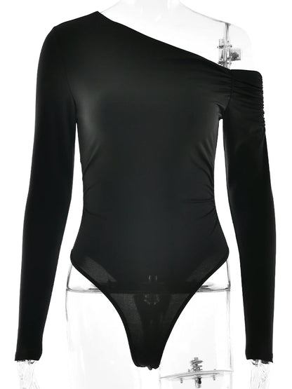 Sibybo Basics Off Shoulder Bodysuits Women Autumn Long Sleeve Ruched Slim Bodycon One Piece Body Tops Solid Casual Lady Overalls.