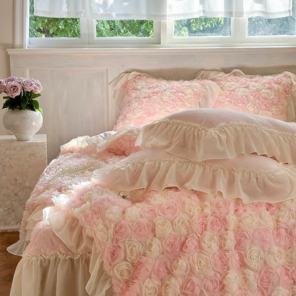 Three-Dimensional Rose Flowers Lace Ruffles Princess Wedding Bedding Set Warm Milk Velvet Duvet Cover Bed Sheet Pillowcases 4Pcs.