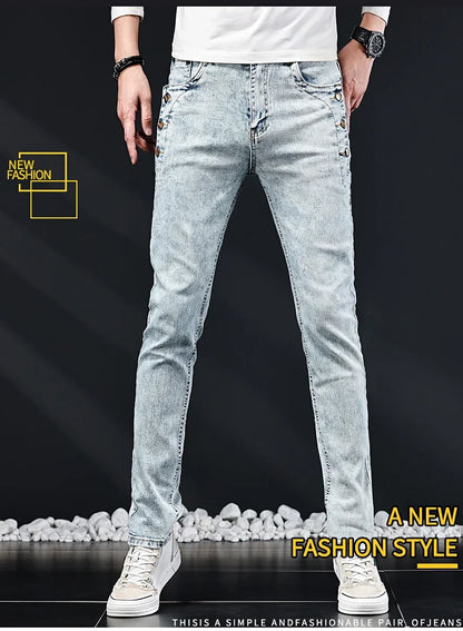 Slim Skinny Jeans Men New Elastic Korean Design Fashion Multi-Button Blue White Vintage Wash Cotton Stretch Denim Pants Trousers.