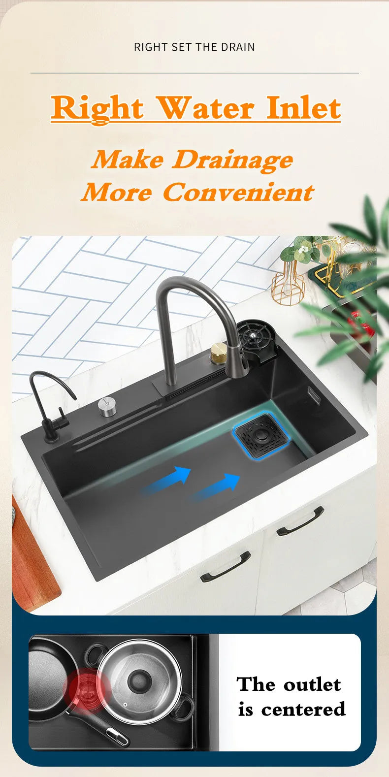 Wasserfall-Küchenspüle aus Edelstahl 304, Zughahn, Einzelschlitz, Hochdruckbecher, Waschmaschine, Café, Weinbar, Waschbecken