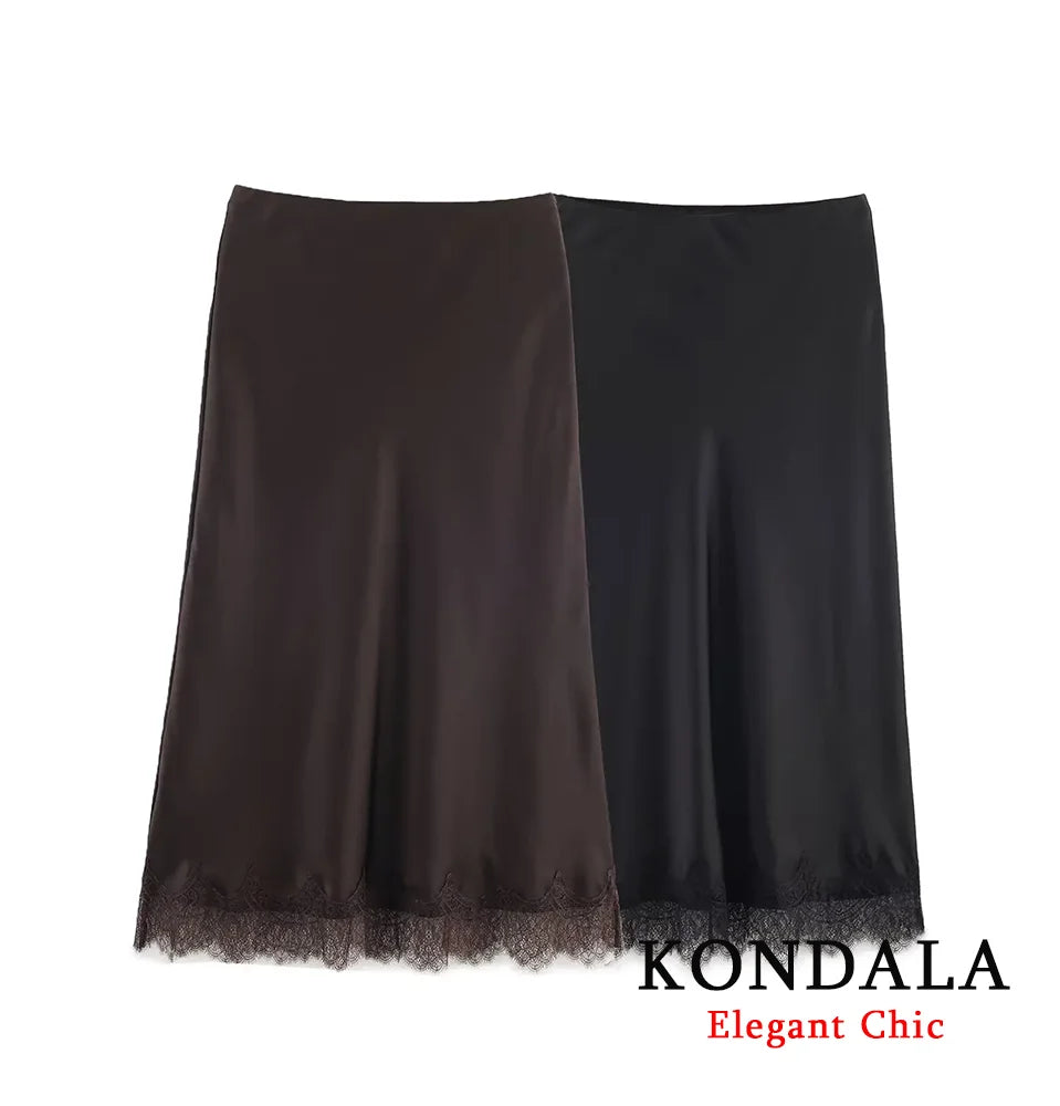 KONDALA Women Elegant Luxury Satin Lace Brown Black Skirt Long Straight Skirt 2025 New Spring Autumn Fashion Party Mujer Skirt.