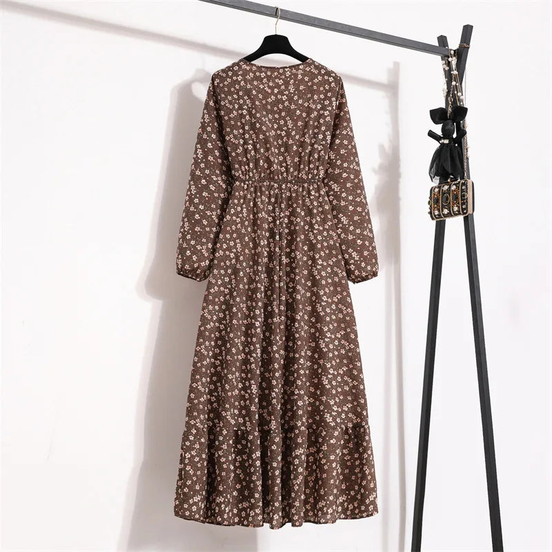 Women Floral Printed Maxi Dresses Spring Summer Casual O Neck Full Sleeve High Waist A Line Boho Beach Party Long Dress Vestidos