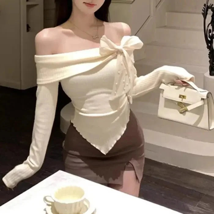 Red One-Shoulder Long-Sleeve Knitted Sweater Women's Spring New Year Slim Fit Short Top Butterfly Knot Decorated Cotton T-shirt