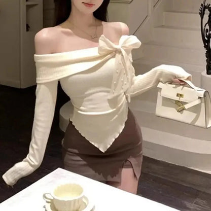 Red One-Shoulder Long-Sleeve Knitted Sweater Women's Spring New Year Slim Fit Short Top Butterfly Knot Decorated Cotton T-shirt