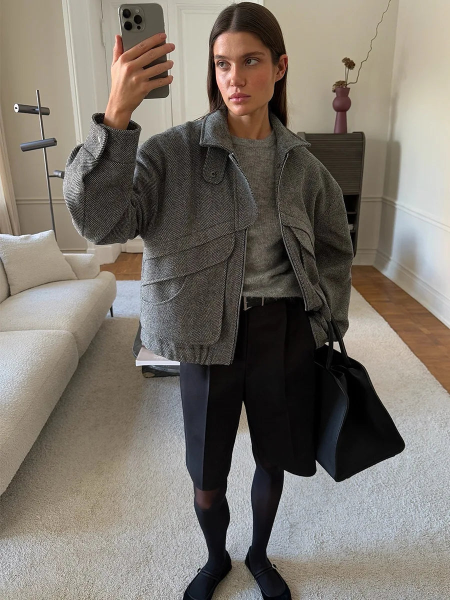 Tossy Autumn Grey Zipper Outwear Jackets Female Solid Loose Patchwork High Waist Cropped Top Coat Streetwear Women's Y2k Jackets.