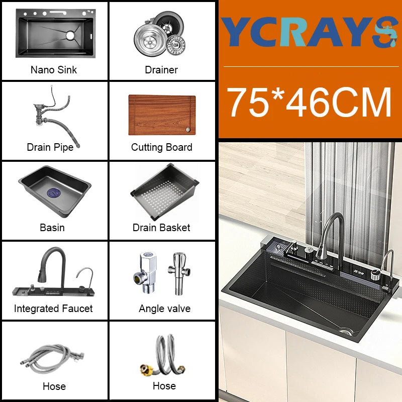 YCRAYS White Nano Kitchen Sink Large Single Slot Waterfall Integrated Digital Display Faucet Soap Dispenser Cup Washer Pure Tap