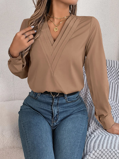 Summer And Autumn Women's Casual Shirt, Commuting Style Solid Color V-neck Long Sleeve Shirt Top