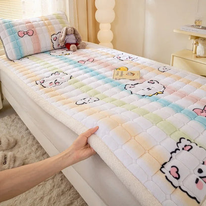 Cartoon Printed Warm Bed Mattress Super Soft Cozy Milk Velvet Single Bedding Protector Thick Tatami Mats for Autumn and Winter