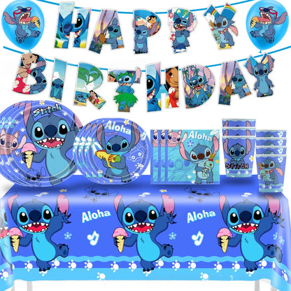 Disney Stich Geburtstag Party Dekorationen Blau Thema Geschirr Tischdecke Banner Hängende Spirale Für Kinder Event Liefert.