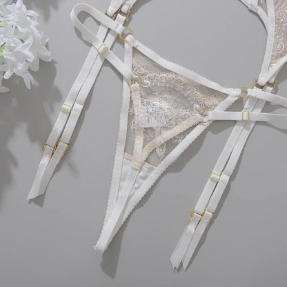 Sexy Mesh Lingeries Sets 2025 Hot Embroidered Floral Erotic Products Transparent Lace Intimate Female Complete Thong Exotic Set.
