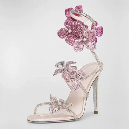 Eilyken Sexy CRYSTAL Flower Thin High Heels Women Sandals Street Style Narrow Band Ankle Strap Pole Dancing Ladies Shoes.