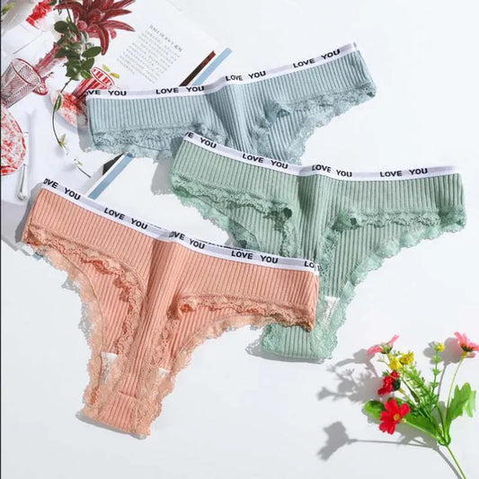 3Pcs/Lot Lace Thong Women's Tanga Low Waist Sexy Lingeries Cotton Panties Laides T Back Pants Girls Underwear Female Underpants.