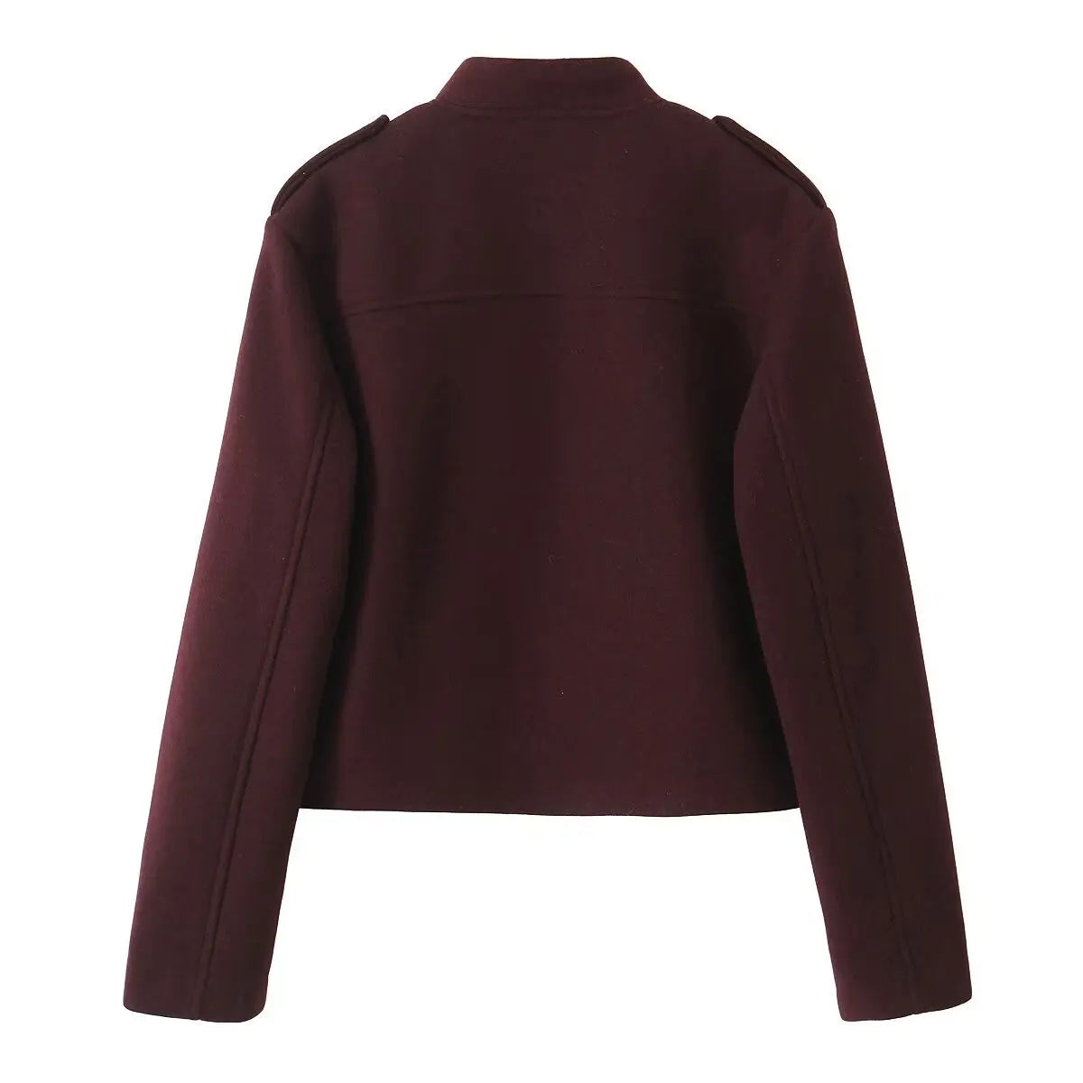 ZBZA Women's Retro Wine Red Cropped Jacket Stand Collar Long Sleeve Buttoned Epaulettes Patch Pocket Coat Fall Winter New Jacket.