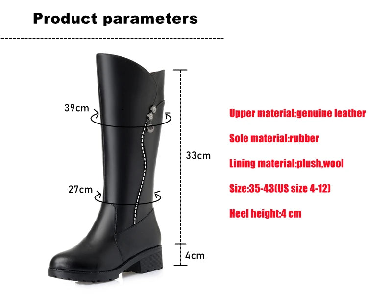 WOIZGIC Women's Genuine Leather Female Ladies Boots Platform Snow Wool Plush Fur Warm Winter Mid Heel Zipper Plus Size 42 43.