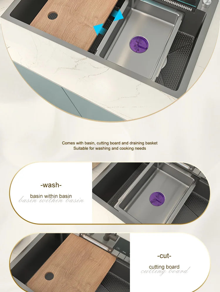 Wasserfall-Küchenspüle aus Edelstahl, multifunktional, groß, Einzelschlitz, Geschirrspülbecken, Küchenrenovierung