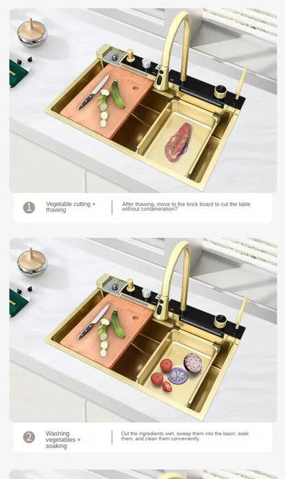 Gold Kitchen Sink Stainless Steel Sink Digital Vegetable Washing Basin, Atmosphere Light, Kitchen Large Single Sink 75cmX46cm