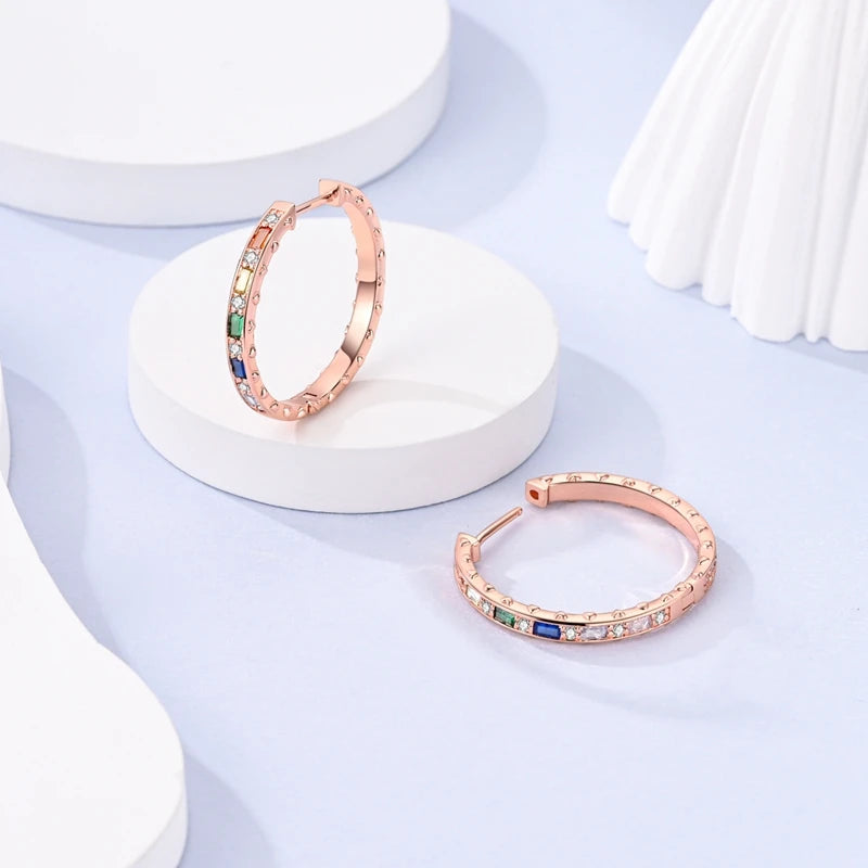 925 Sterling Silver Gold Color Circular Hoop Earrings Golden Earring Fit Original Charms Diy Fine Jewelry For Fashion Women.