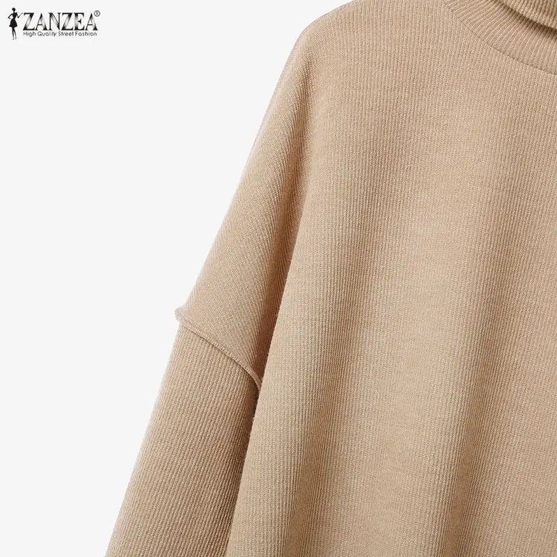 ZANZEA Gestrickte 2-teilige Hosen-Sets für Damen, lässig, lockerer Rollkragen, Langarm-Pullover und Hosenanzüge mit weitem Bein, tägliche Outfits