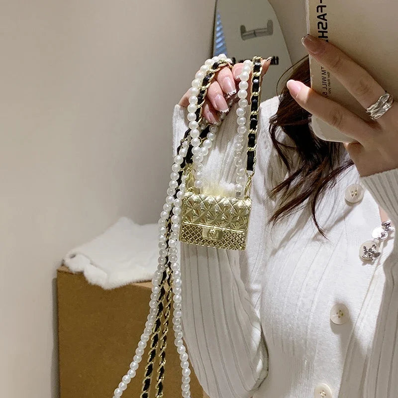 Mini Metal Shoulder Bags for Women Pearl Chain Crossbody Bag Designer Clothing Accessories Satchel Female Decorative Box Handbag.