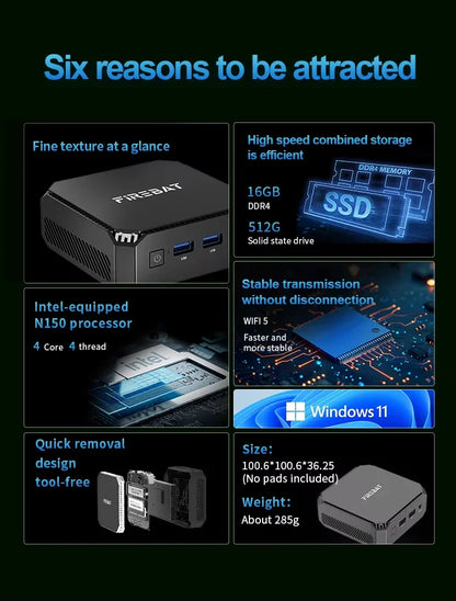 FIREBAT T2 Mini PC Intel N150 CPU Windows 11 DDR4 16GB RAM 512GB SSD WIFI5 BT4.2 Desktop Computer HDMI USB Port.