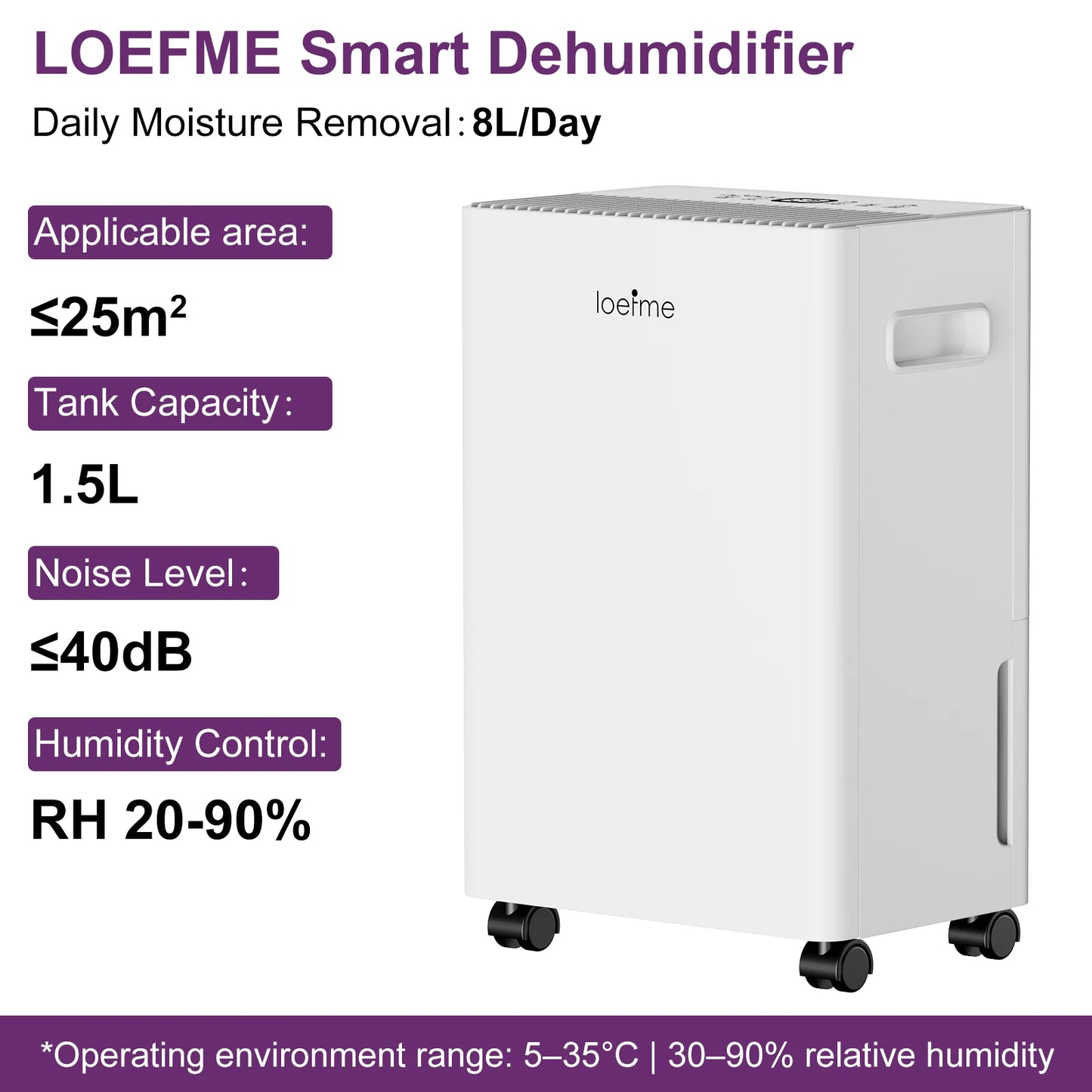 LOEFME Electric Dehumidifier 8 L/Day 40 dB Quiet for 30 m² Room with 1.5L Tank and LED Display 3 Mode Portable Room Dehumidifier.