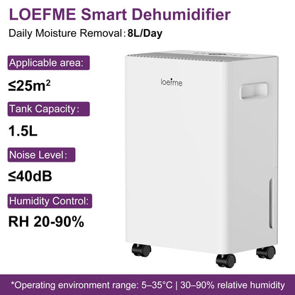 LOEFME Electric Dehumidifier 8 L/Day 40 dB Quiet for 30 m² Room with 1.5L Tank and LED Display 3 Mode Portable Room Dehumidifier.