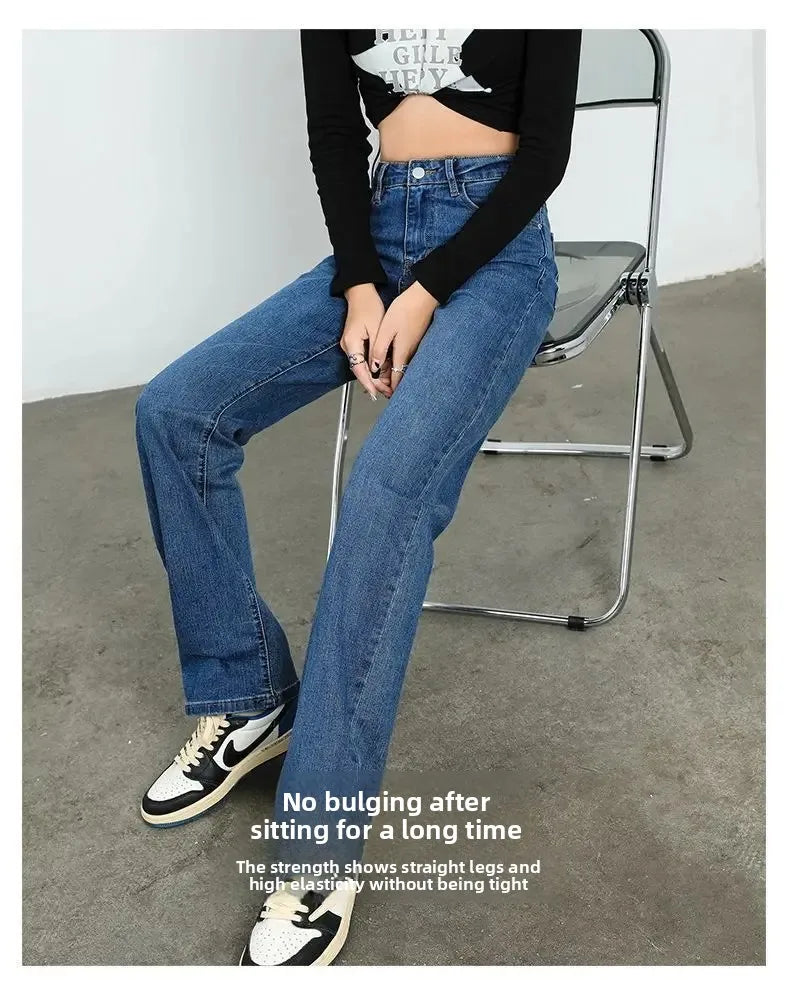 High Waist Elastic Denim Pants Straight Narrow Versatile High Waist Slimming Straight Tube Pants for Spring Autumn New Arrival.