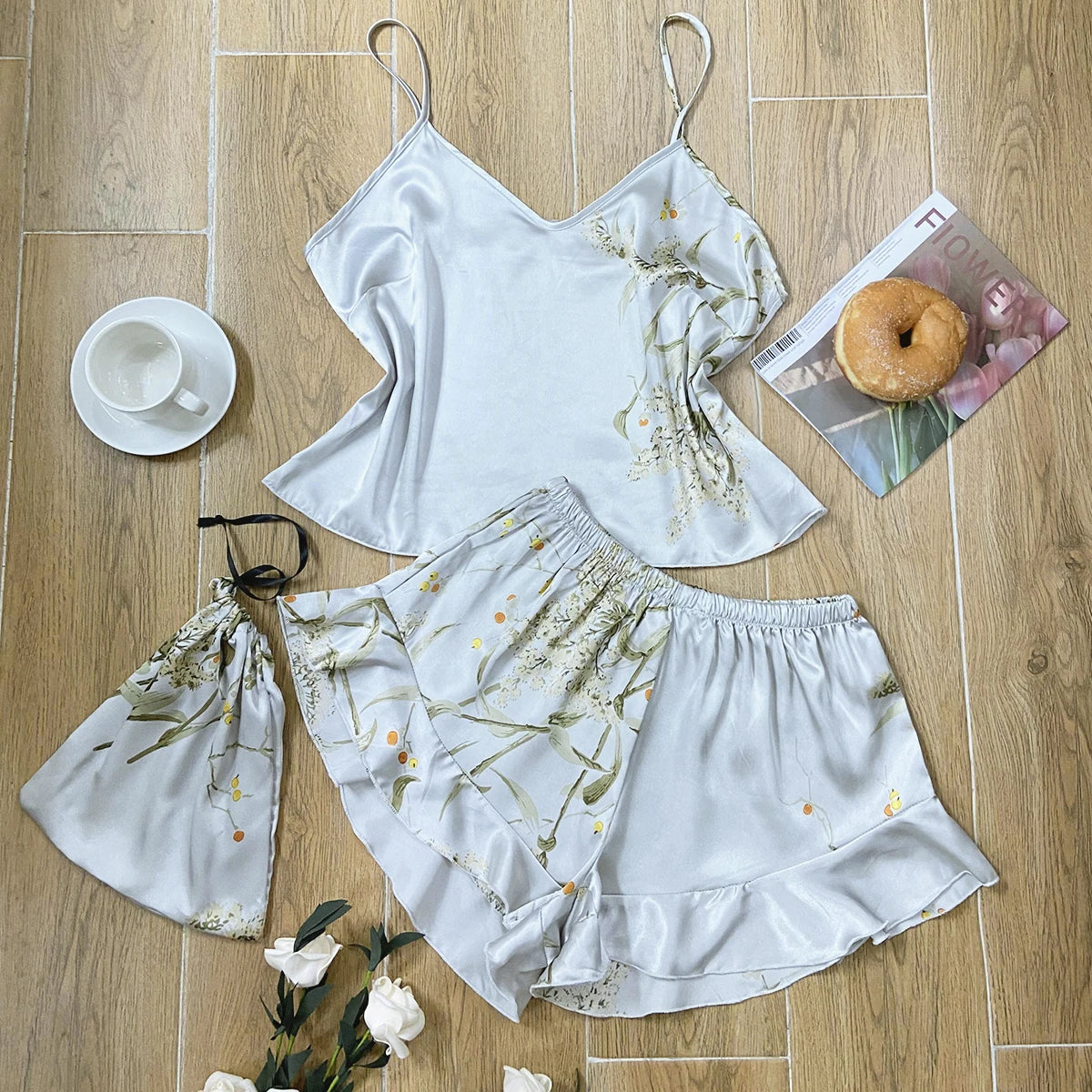 Elegante Cami-Tops mit Blumendruck, Rüschensaum, Shorts, Pyjama-Set, Damen-Nachtwäsche, Loungewear