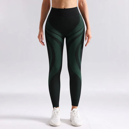 Seamless Breathable High Waisted Contrasting Yoga Pants Women Tight Fitting Hip Lifting Long Striped Sports Suit Long Leggings.