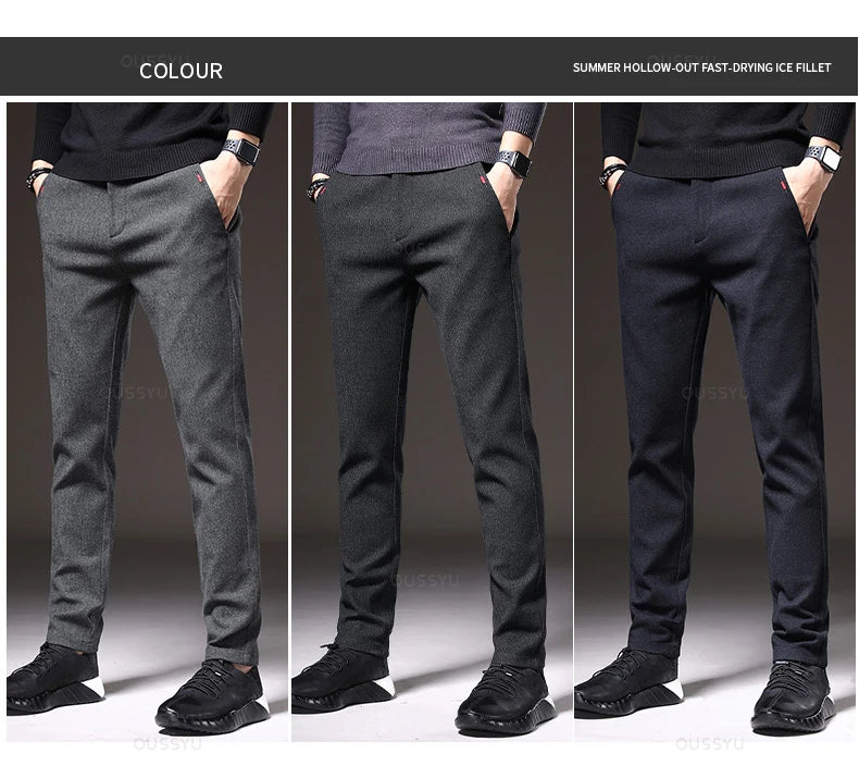 Autumn Winter Men's Brushed Fabric Casual Pants Business Fashion Slim Fit Stretch Thick Gray Blue Black Cotton Trousers Male.