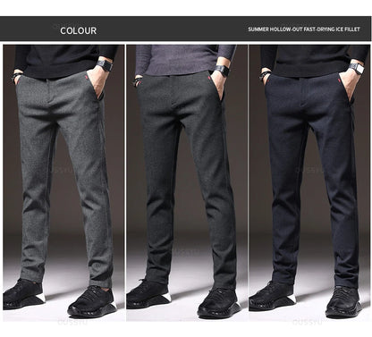 Autumn Winter Men's Brushed Fabric Casual Pants Business Fashion Slim Fit Stretch Thick Gray Blue Black Cotton Trousers Male.